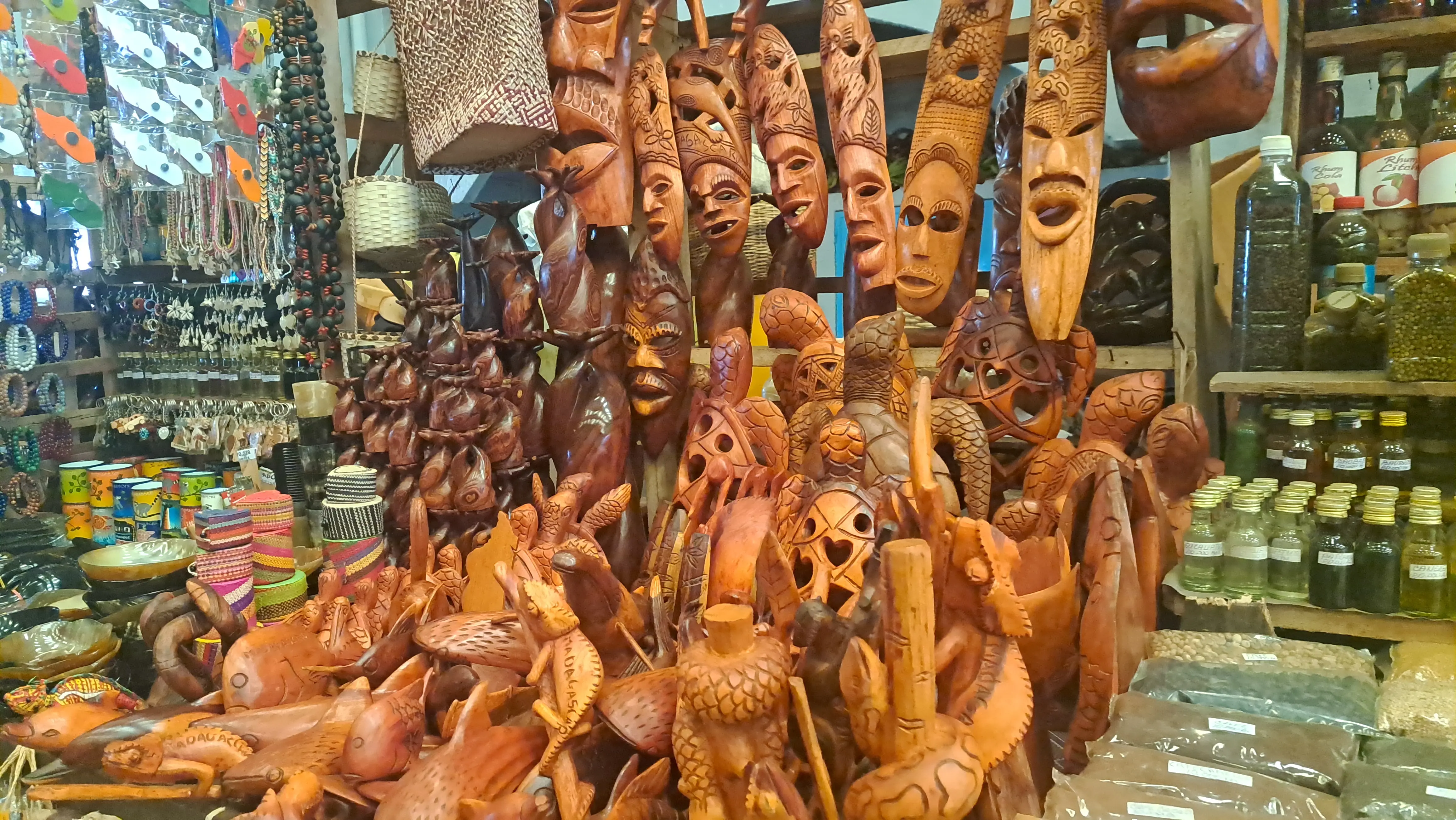 Local market in Nosy Be Madagascar featuring handmade goods and local food