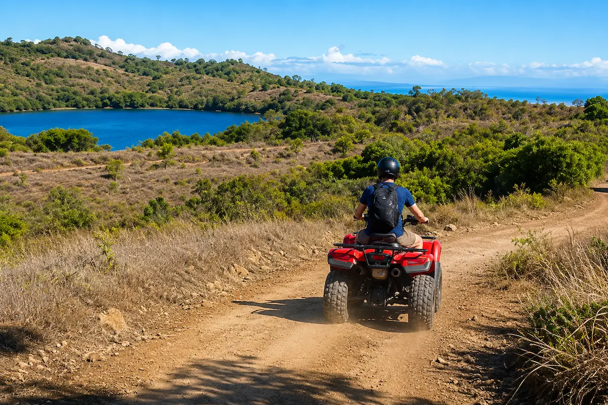 ATV riding along Nosy Be coastal landscape in Madagascar