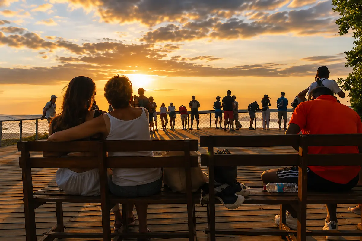 Couple watching sunset at Mont Passot in Nosy Be Madagascar