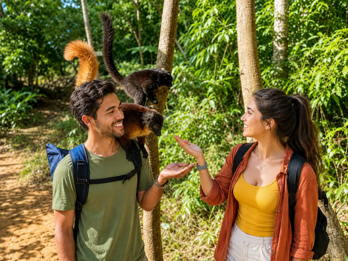 Tourists enjoying a lemur encounter wildlife experience on Nosy Komba