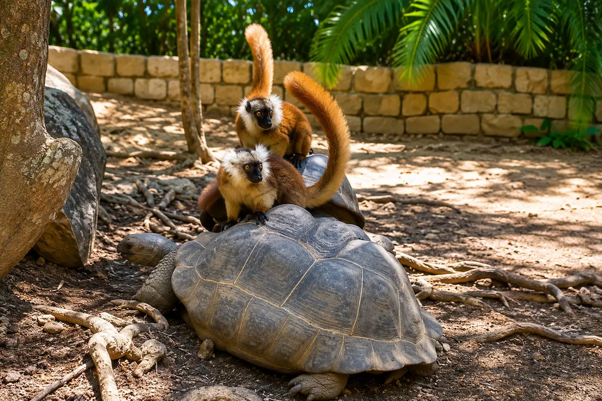 Lemurs on a giant tortoise in Nosy Komba, Madagascar