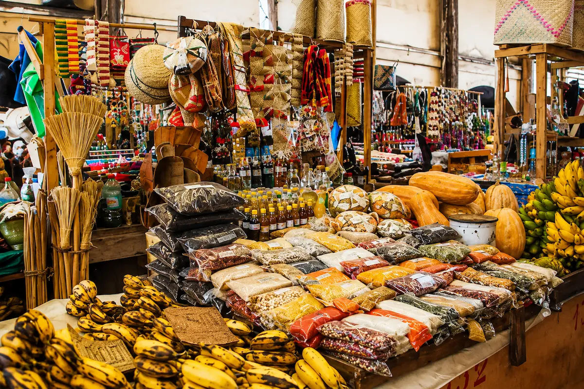 Local market featuring handicrafts spices and souvenirs in Nosy Be Madagascar