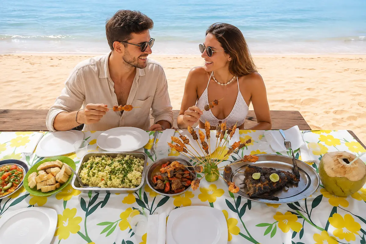 Couple eating beach lunch at Lokobe in Nosy Be Madagascar