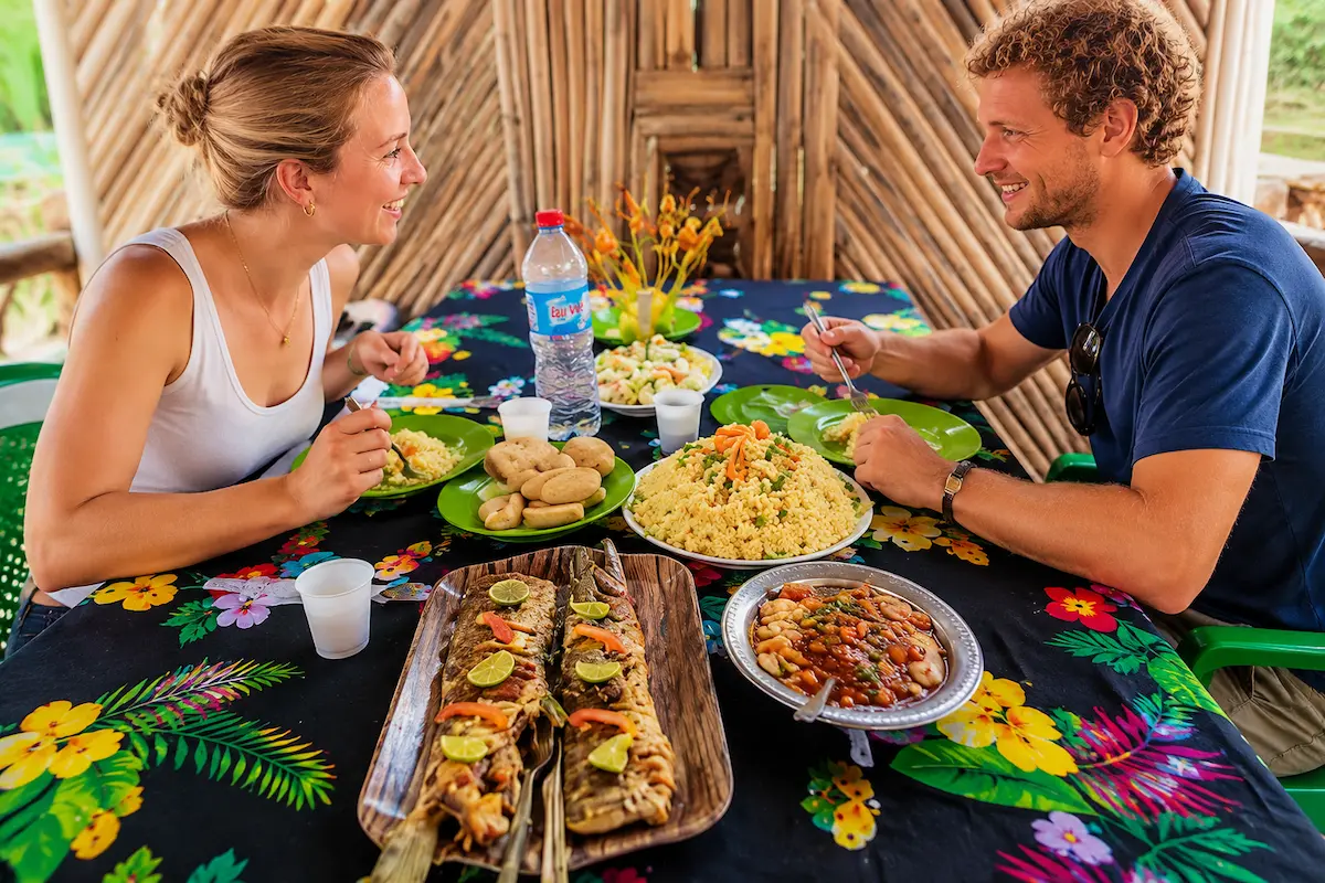Traditional Malagasy lunch with tourists on Nosy Komba island Madagascar