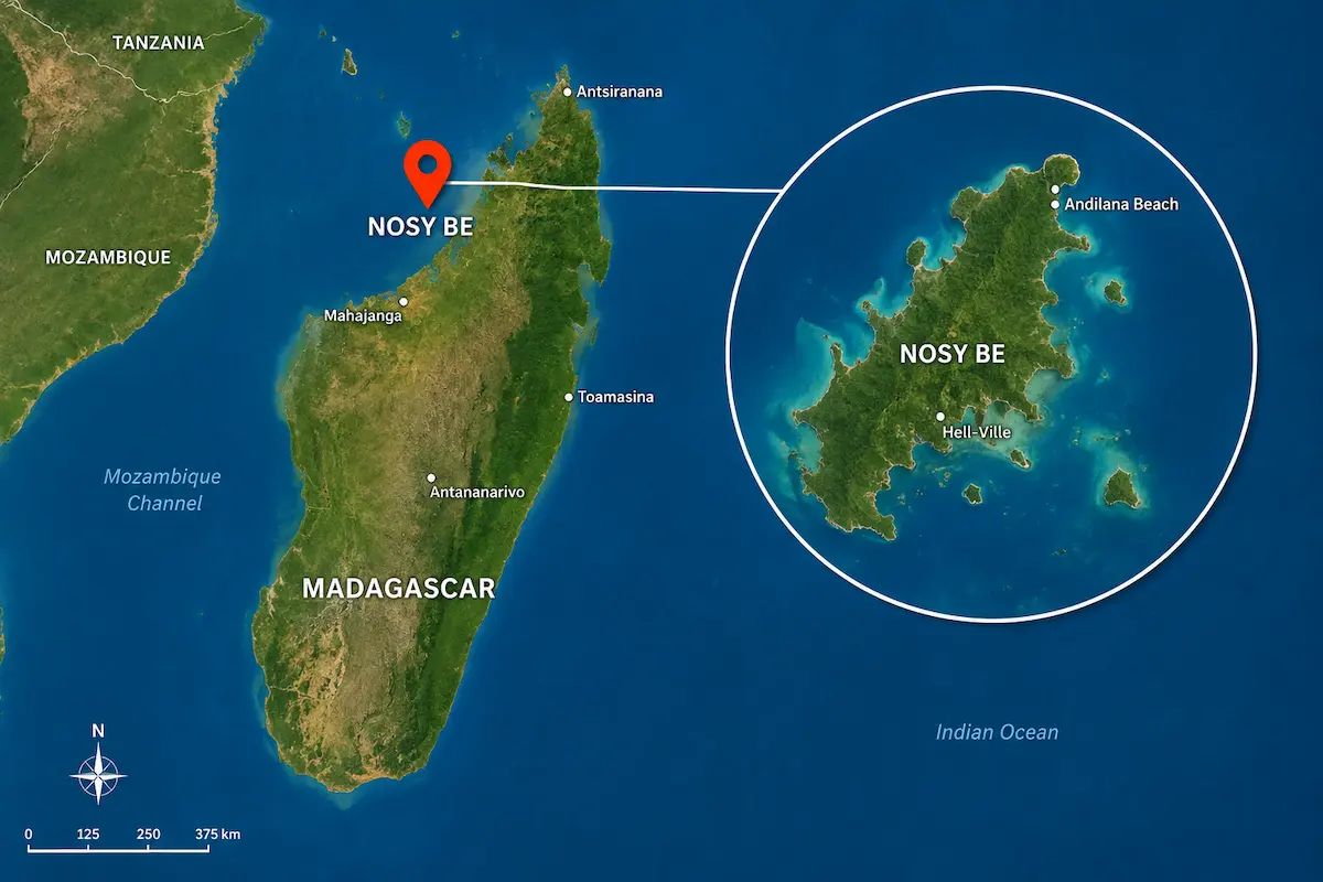 Panoramic aerial view of the Nosy Be archipelago