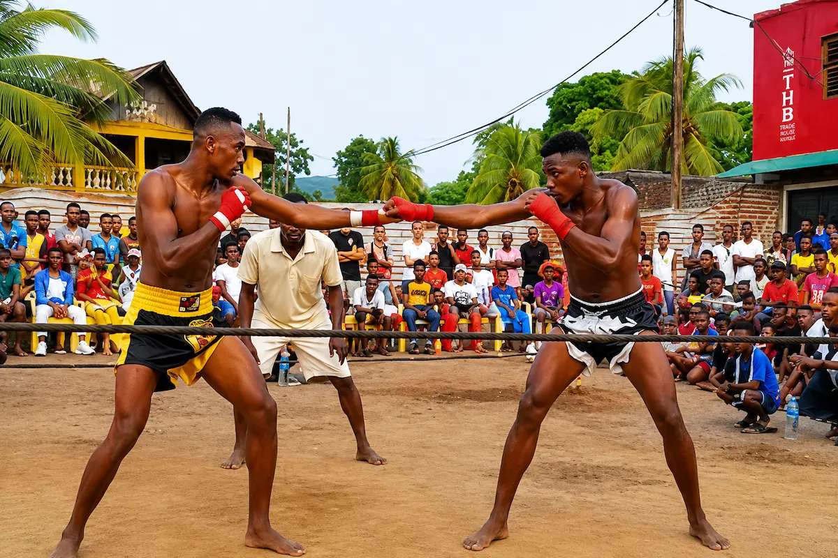Moraingy fighters exchanging jabs in Malagasy traditional boxing