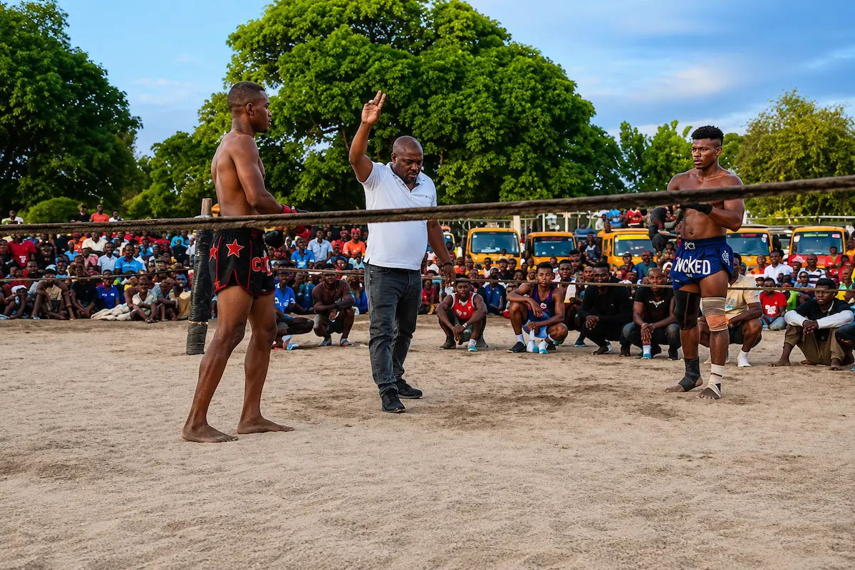 Moraingy referee starting traditional boxing fight in Nosy Be Madagascar
