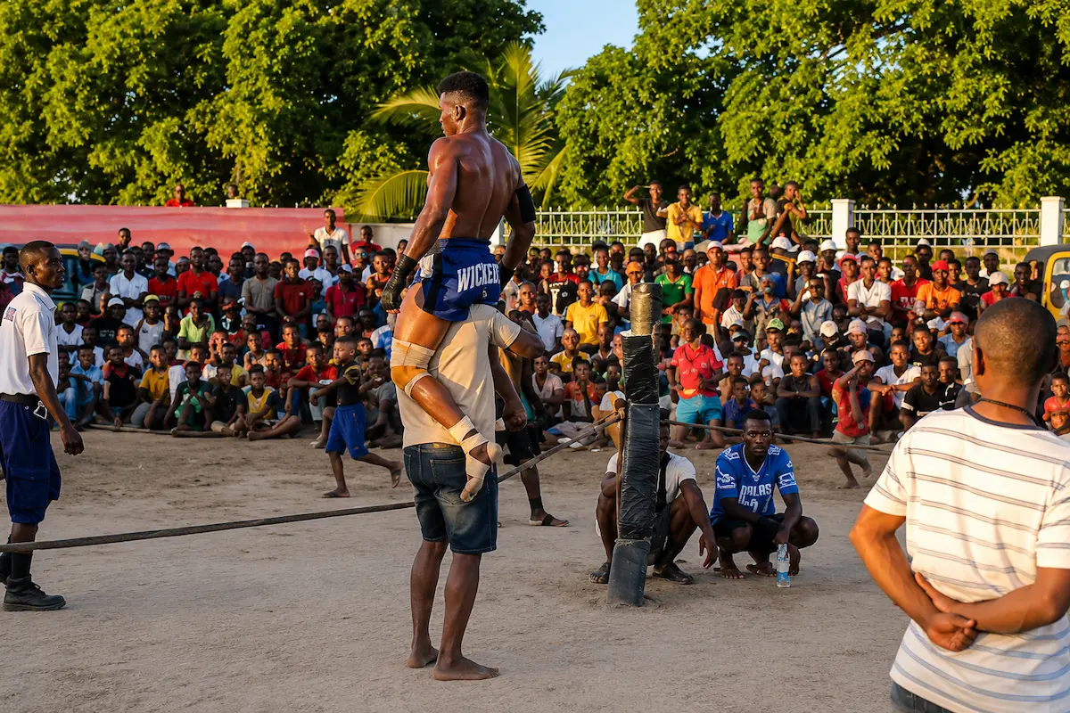 Moraingy fighter victory celebration after traditional Malagasy boxing match