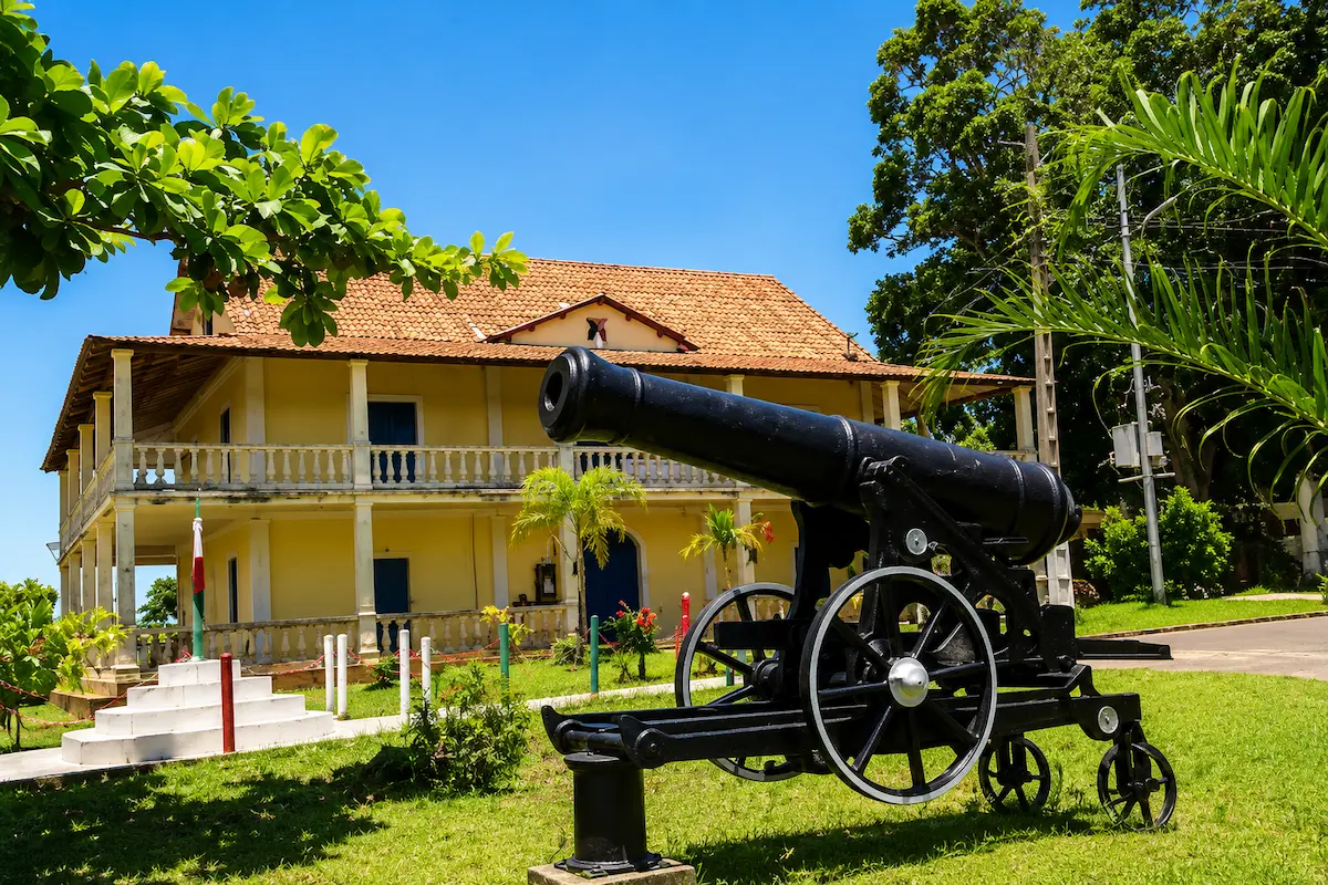 Old cannon and colonial house in Nosy Be Madagascar