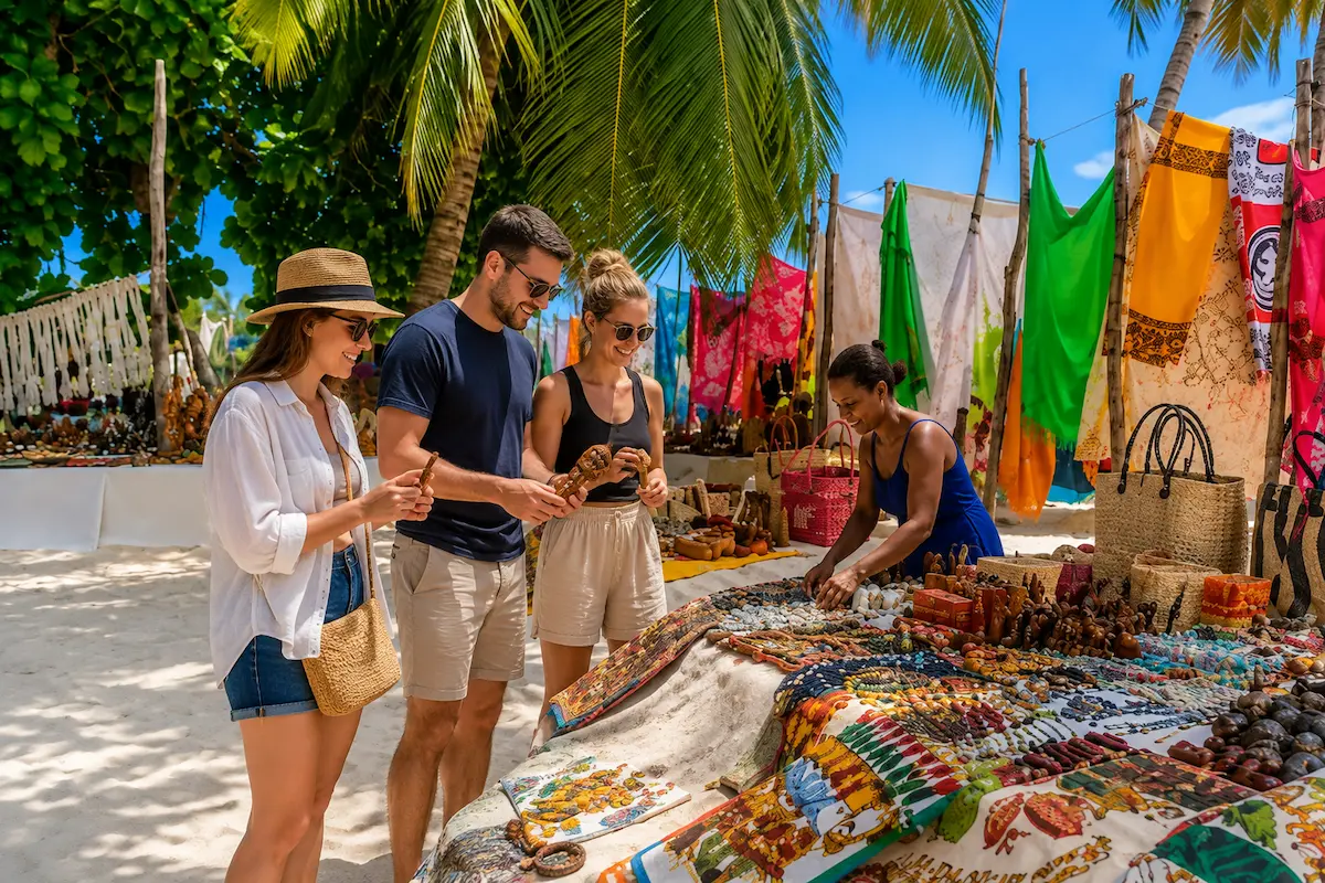 Tourists shopping at Nosy Iranja local market in Madagascar