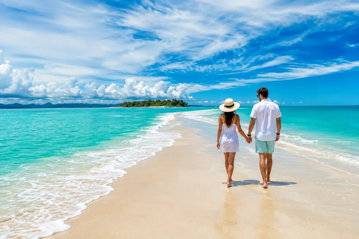 Couple walking on Nosy Iranja sandbank tropical beach during Nosy Be tour