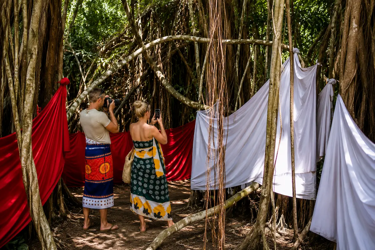 Sakalava lambahoany traditional cloth with tourists at Mahatsinjo sacred forest Madagascar