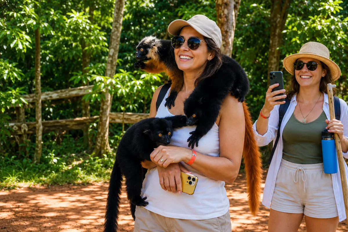 Tourist holding lemurs in Nosy Komba, Madagascar