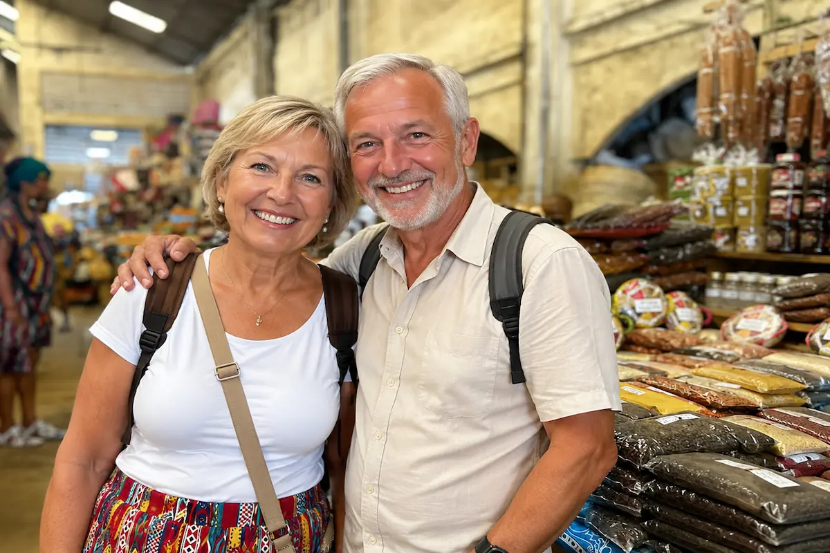 Tourists buying local spices at Nosy Be market in Madagascar