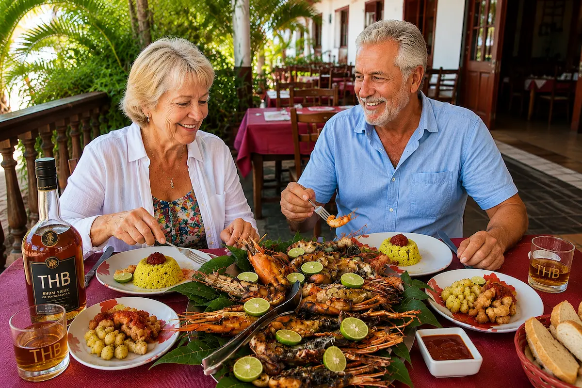 Tourists eating fresh seafood in Nosy Be Madagascar