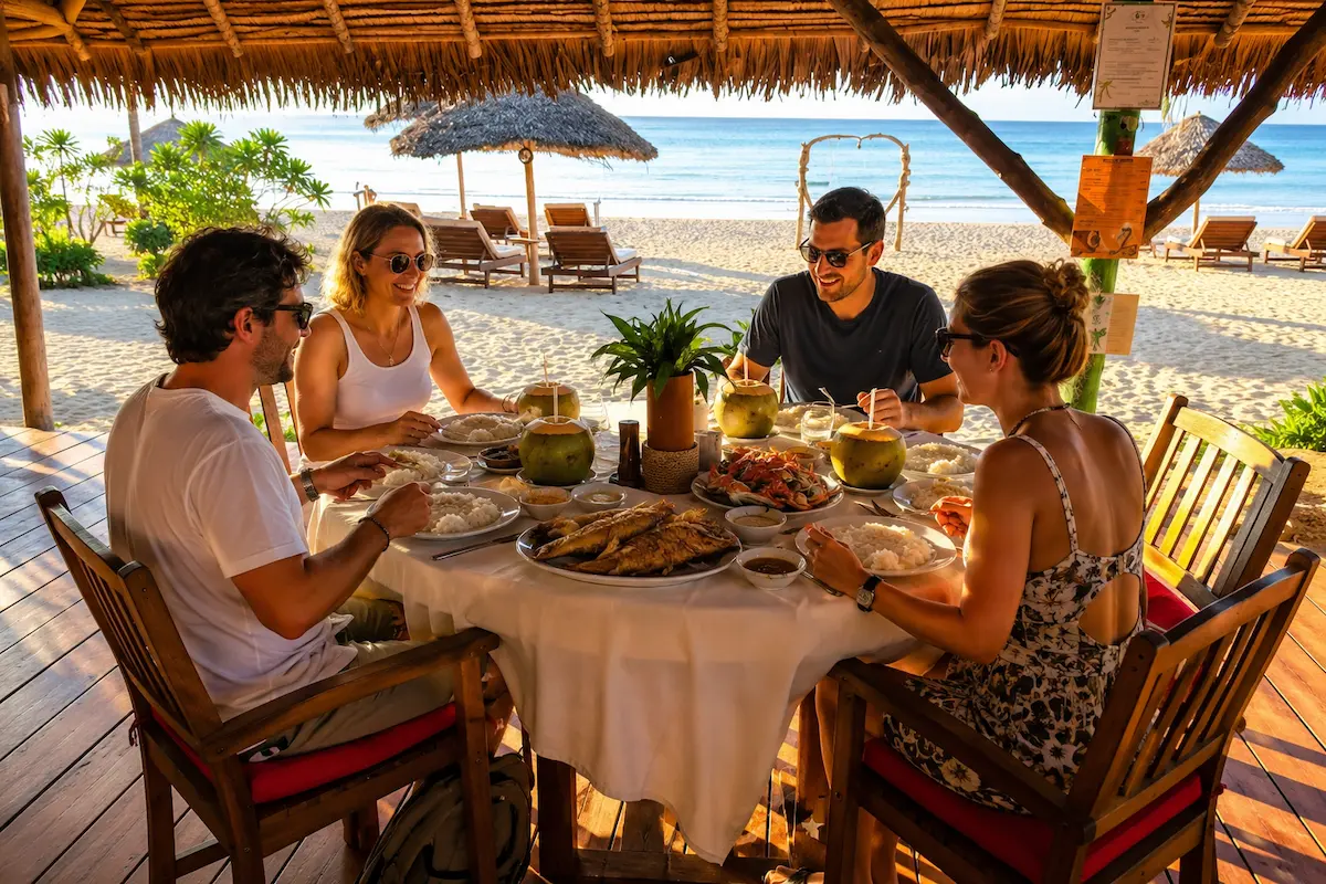 Tourists enjoying a seafood lunch during a Nosy Be city tour, Madagascar