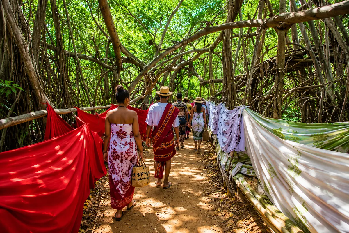 Tourists inside the Sacred Ficus tree in Nosy Be, Madagascar