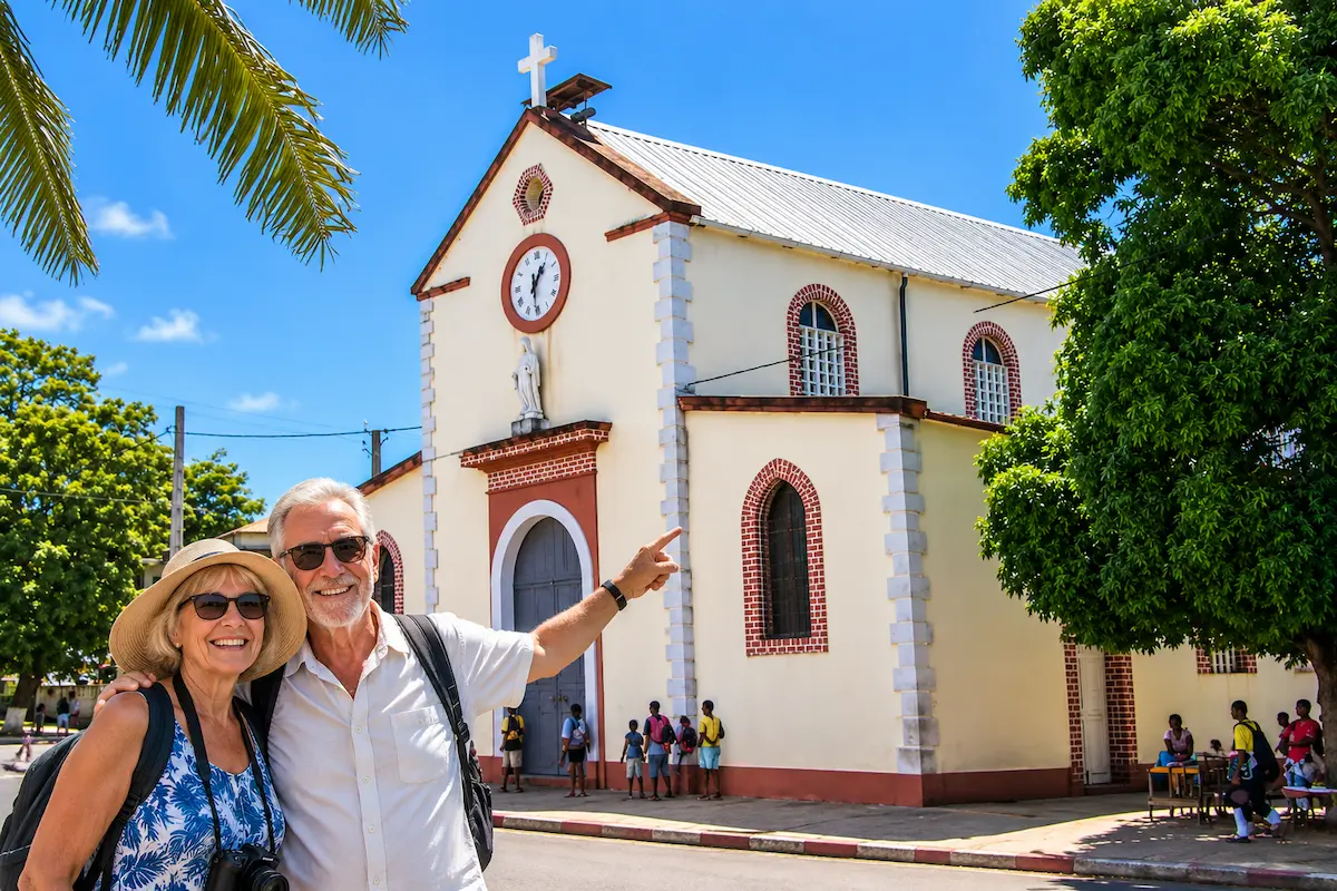Tourists taking photos at St Peter and St Paul church in Nosy Be Madagascar
