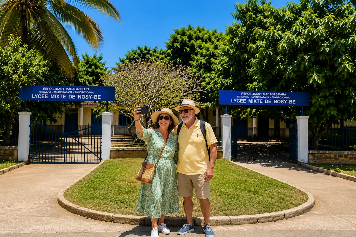 Tourists taking selfie at Lycée Mixte in Nosy Be Madagascar