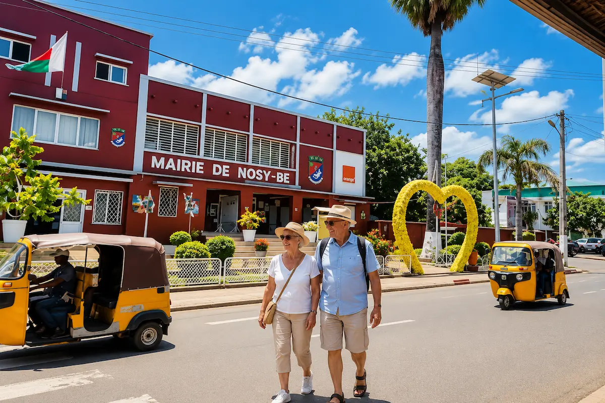 Tourists walking past Nosy Be town hall in Hell-Ville Madagascar