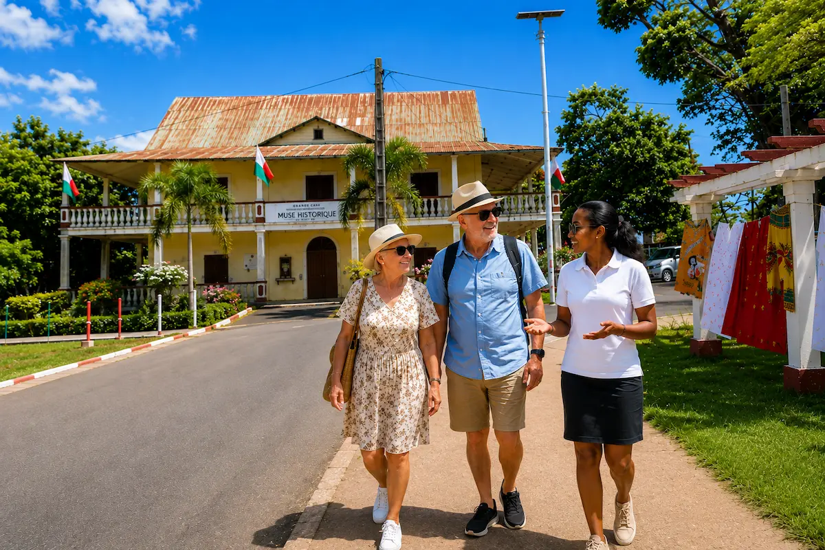 Tourists with local guide at Nosy Be history museum in Madagascar