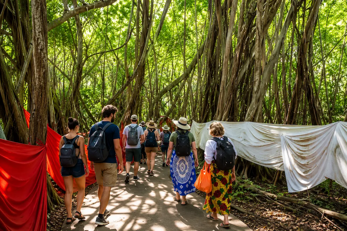 Visitors at the Sacred Banyan Tree of Mahatsinjo, Nosy Be, Madagascar