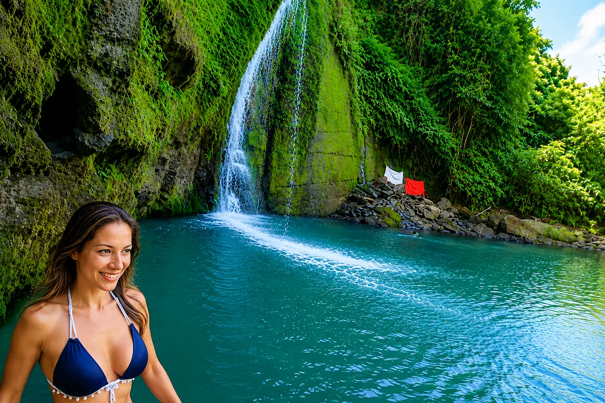 Woman enjoying waterfall in Nosy Be Madagascar