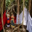 Sakalava lambahoany traditional cloth with tourists at Mahatsinjo sacred forest Madagascar