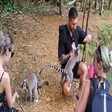 Tourist feeding banana to ring-tailed lemur at Lemuria Land
